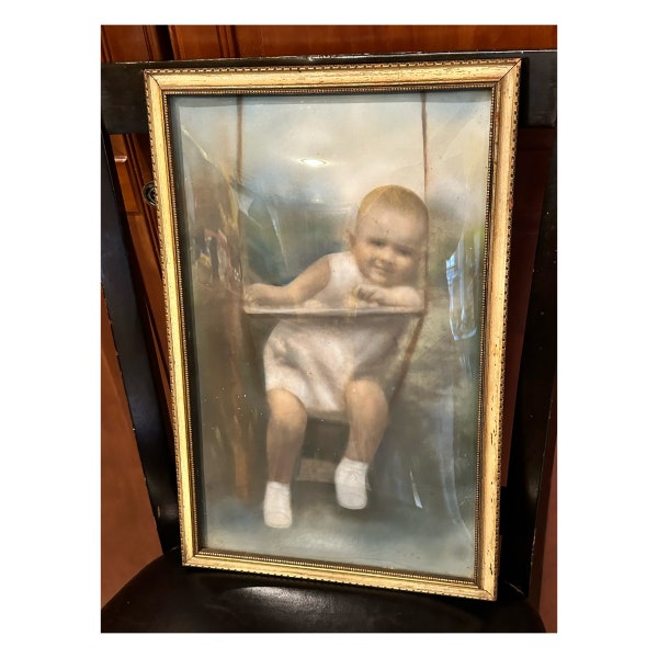 Antique gold wood picture framed baby portrait,11x17,convex bubble glass,photo frame,gallery wall frame,early 1900s,gold and white wash