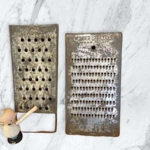 Metal Wonder Shredder,Fels Naptha Soap,set of 2,cheese grater primitive distressed,rustic,patina,farmhouse kitchen utensils,half moon,flat