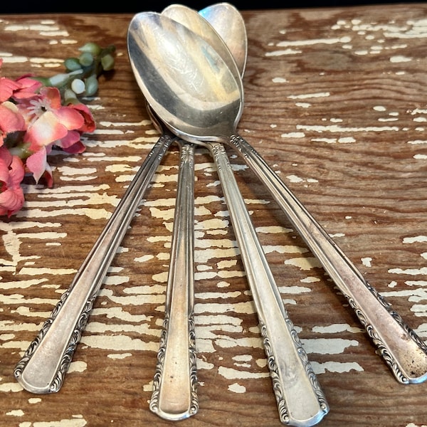 Set of 4 tarnished silverplate small Tea Spoons,elegant silver spoon,6" long,fancy,art deco,cutlery,silverware,Holmes Edwards May Queen
