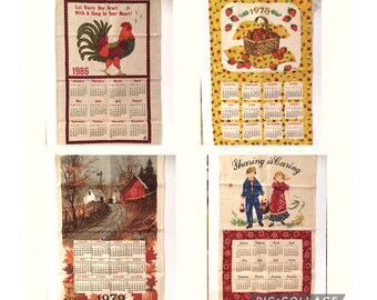 Linen Calendar tea towels,wall hanging,fabric,1977,1978,1979,1986,mint condition,Strawberry,Autumn,Fall Foliage,Rooster,16x26,price for one