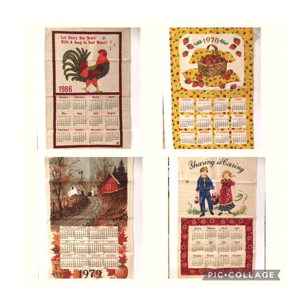 Linen Calendar tea towels,wall hanging,fabric,1977,1978,1979,1986,mint condition,Strawberry,Autumn,Fall Foliage,Rooster,16x26,price for one