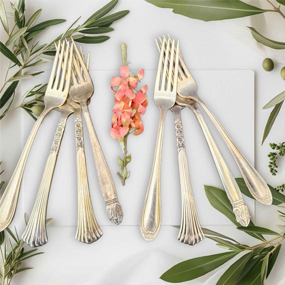 Set of Tarnished Antique Silverplate Dinner Forks,art Deco,reed