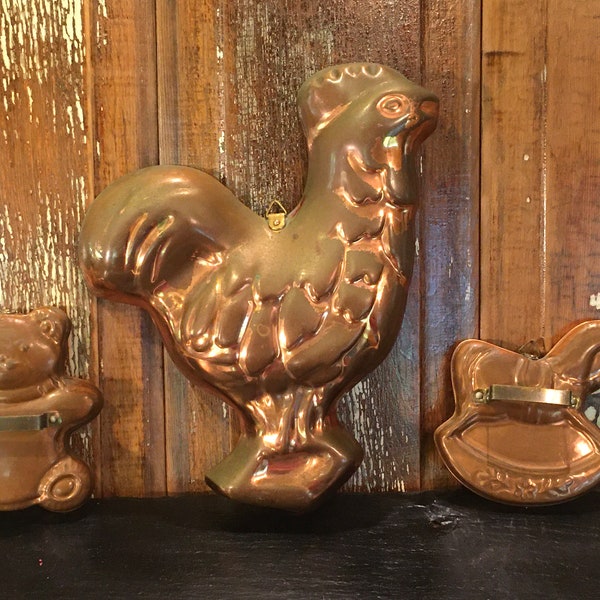 Set of 3,Copper rooster wall decor,jello mold,brass hook,11"x8",kitchen rustic kitchen,farmhouse,teddy bear,rocking horse,cookie cutter