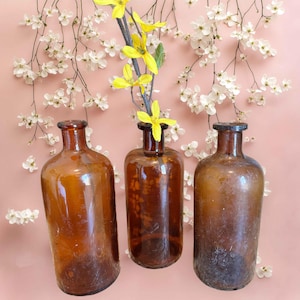 Old brown glass bottles jars,set of 3,medium brown bottles,7&quot;,apothecary,Clorox,cleaner,medicine,flower vase,amber glass,bathroom decor