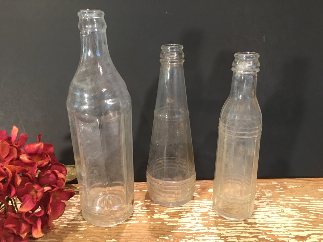 Old Ketchup Catsup Bottles,clear Glass,condiments,set of 3,sauce Bottles,pj Ritter,striped Jar,8
