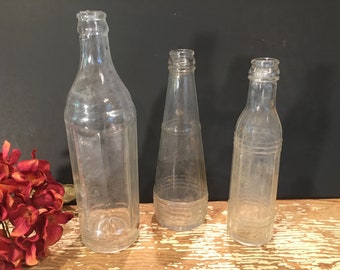 Old ketchup catsup bottles,clear glass,condiments,set of 3,sauce bottles,PJ Ritter,striped jar,8” tall, diner decor,antique bottles