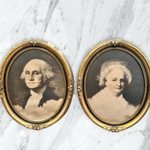 Gold gesso wood framed George and Martha Washington prints,distressed,10x8 oval,colonial decor,american history,president prints,set of 2