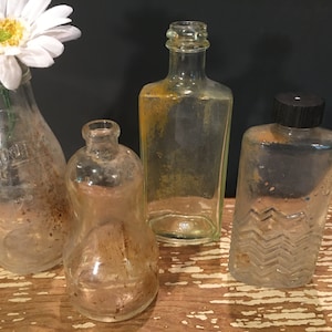 Clear glass flasks,small,set of 4,decorative,antique bottles,4&quot;-5&quot;,old bottles,medicine,apothecary,flower vase,wedding,rusty,stained