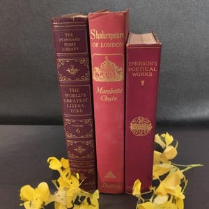 Antique red burgundy books,gold ornate books,book for decoration,early 1900s,set of 3,Shakespeare of London,Emerson poetry,decorative