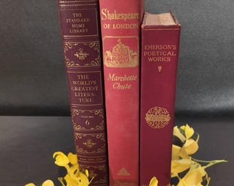 Antique red burgundy books,gold ornate books,book for decoration,early 1900s,set of 3,Shakespeare of London,Emerson poetry,decorative