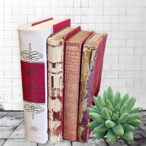 Antique red leather book bundle for decoration,O&#39;Henry,Thackery,old books,set of 4,shades of  red,early 1900s,distressed