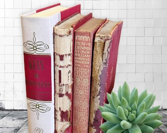 Antique red leather book bundle for decoration,O'Henry,Thackery,old books,set of 4,shades of  red,early 1900s,distressed