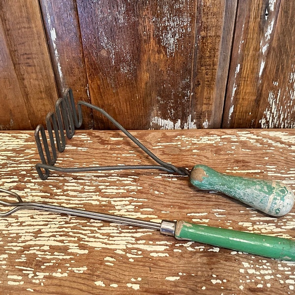 Green wood handle kitchen utensils,white stripe,set of 2,chippy,meat fork,food chopper masher,rustic,farmhouse kitchen gadgets