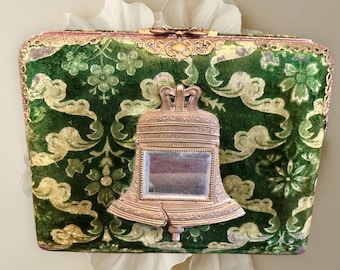 Antique photo album,velvelt cover,ornate cover,late 1800s,victorian,11x9, holds 76 photos,photograph book,distressed,mirror,liberty bell