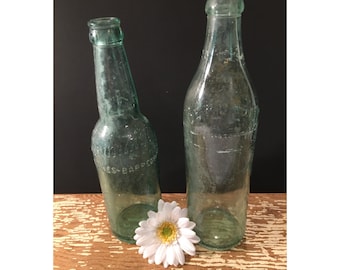 Old light green antique glass soda beer bottles,Stegmaier,Beaufont,set of 2,beverage bottles,9"-10" tall,