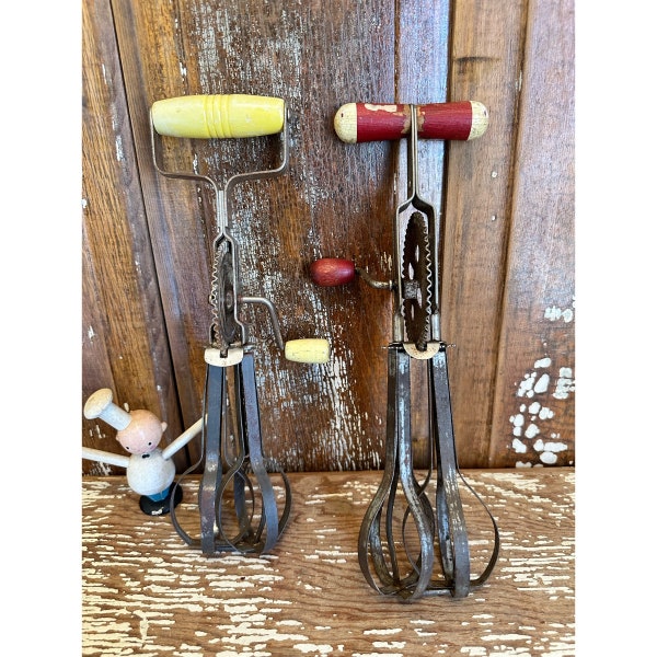 Antique egg beaters,set of 2,red white yellow wood handle kitchen utensils,rusty,primitive,shabby,distressed,Super Center Drive,Taplin Mfg