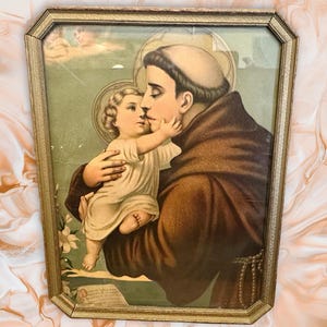 Goudhout antiek ingelijst Sint-Antonius Padua met kind, 17 x 13, glazen voorkant, antieke religieuze katholieke print, muurlijst