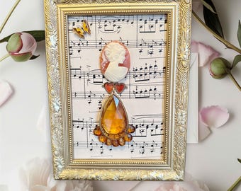 Ornate gold framed vintage jewelry art,amber,cameo,fashion decor,repurposed jewelry,5x7,upcycled,salvage art,she shed