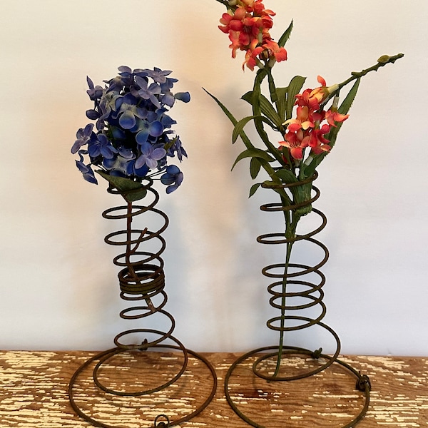 Rusty antique bed springs,set of 2,tall,tornado style,7" tall,coiled,steam punk,industrial,vintage,flower vase,candle holder