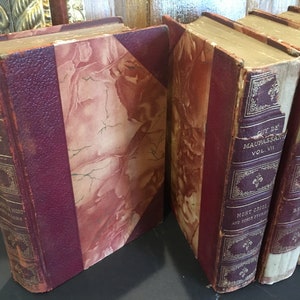 Antique Red leather bound book,Works of Guy De Maupassant,1909,Edition DeLuxe,marbled cover,old book,set of 4,french author,literature