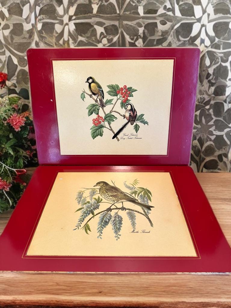 Lady Clare Lacquered Red Placemats,set of 2,birds,10x14,1960s,gold