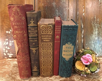 Antique books,ornate,old green brown red books,set of 5,early 1900s,gold gilt,gold lettering,worn,decorative,novels,Poems,poetry,shakespeare