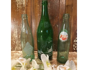 Old green glass soda bottles,set of 3,dark green bottles,RC Cola,7up,Duraglas,dark green bottle,beverages,antique soda bottle,9"-11" tall,
