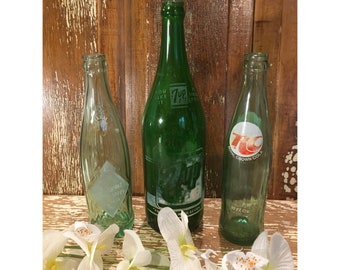 Old green glass soda bottles,set of 3,dark green bottles,RC Cola,7up,Duraglas,dark green bottle,beverages,antique soda bottle,9"-11" tall,