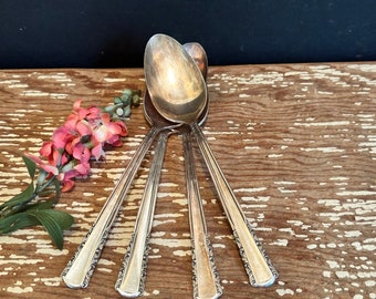 Set of 4 tarnished silverplate serving Spoons,elegant silver spoon,8" long,fancy,art deco,cutlery,silverware,Holmes Edwards May Queen