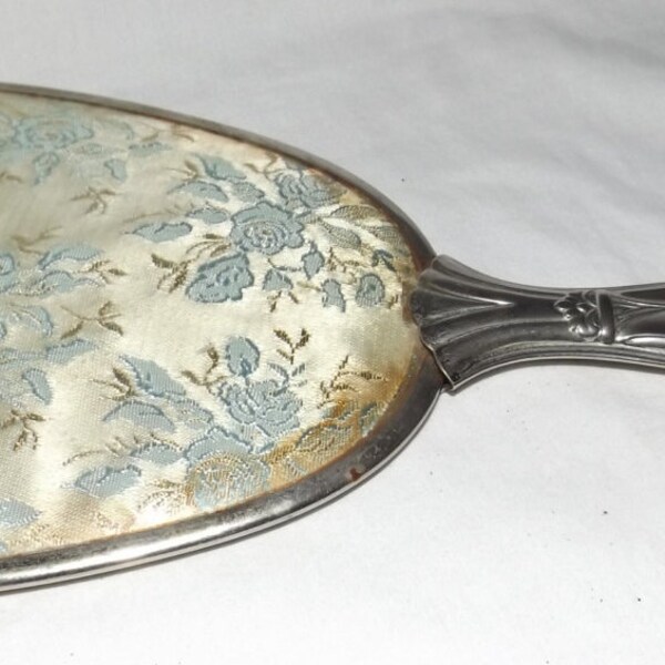 FREE USA SHIPPING!! Vintage hand mirror pale blue tapestry silver handle