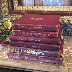Antique small red burgundy leather books,gold ornate books,book for decoration,early 1900s,set of 6,Shakespeare,Tennyson,Browning,poetry