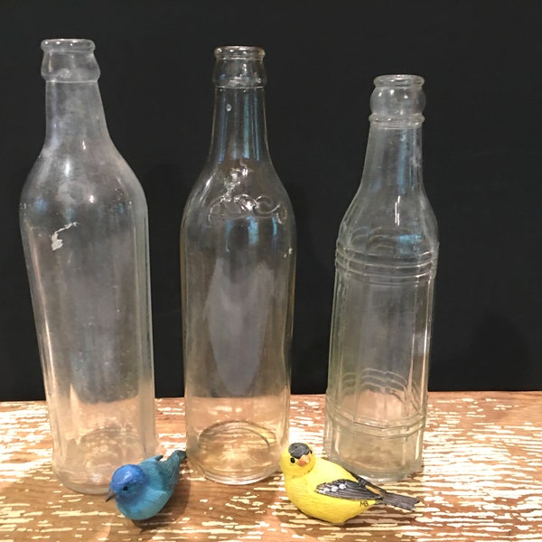 Old glass soda bottles,clear glass,set of 3,ECCH,ASCO,embossed,9-10”,1920s,ornate,beverages,collectible,foggy,tall,skinny