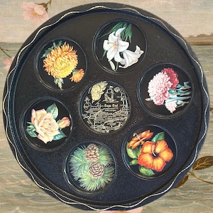 Cape Cod Small black round metal drink tray,flowers,serving tray,11",gold trim,shallow,bar cart,home bar,cocktail party,drink holder