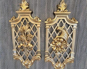 Syracuse Ornamental Co,gold plastic retro wall art plaque,floral,gold flowers,roses,cornucopia,1970s retro decor,ornate,14x6
