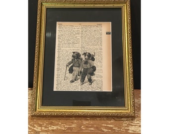 Ornate gold wood framed authentic Dictionary page 1950s,vintage dogs print,13x16,with 10x14 black mat,mans best friend,hobo dogs