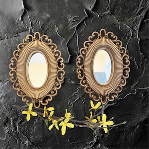 Molded plastic oval mirror,set of 2,faux wicker rattan,9x7,mid century,Dart Homeco,brown,shabby chic,ornate mirror,wall mirror