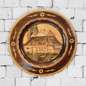 Round Hand carved wood 3D relief picture,hut,thatched roof,tropical,landscape,10&quot;,countryside,mountainside,Chalet,ornate,wall plaque