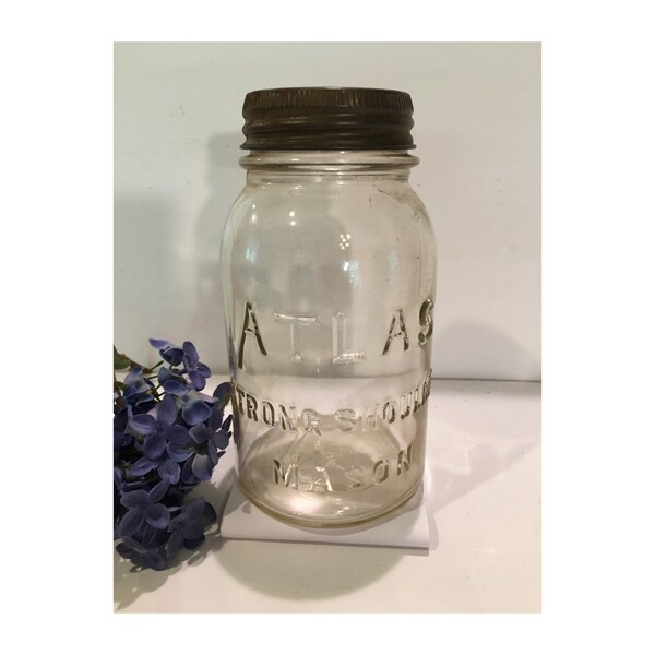 Atlas Strong Shoulder Mason canning jar,quart,H over A clear glass jars,1920's,Atlas glass lid,storage jar,food storage,craft,button storage