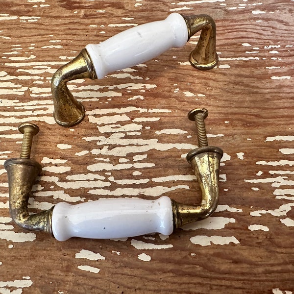 Brass and white ceramic drawer pull,set of 2,handle,cabinet door,3.5" long,ceramic door knob,antique white,restoration hardware,3" on center