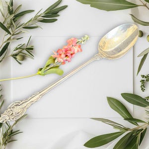 May include: A silver serving spoon with an ornate handle and a smooth, rounded bowl. The spoon is lying on a white surface with green leaves and pink flowers.