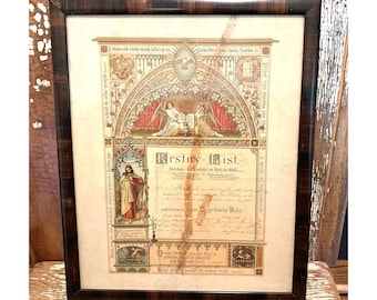 Large antique brown tiger striped wood frame,Kristny List,1900s,Czech,Slovak baptismal certificate,religous artwork,18x15,gallery wall