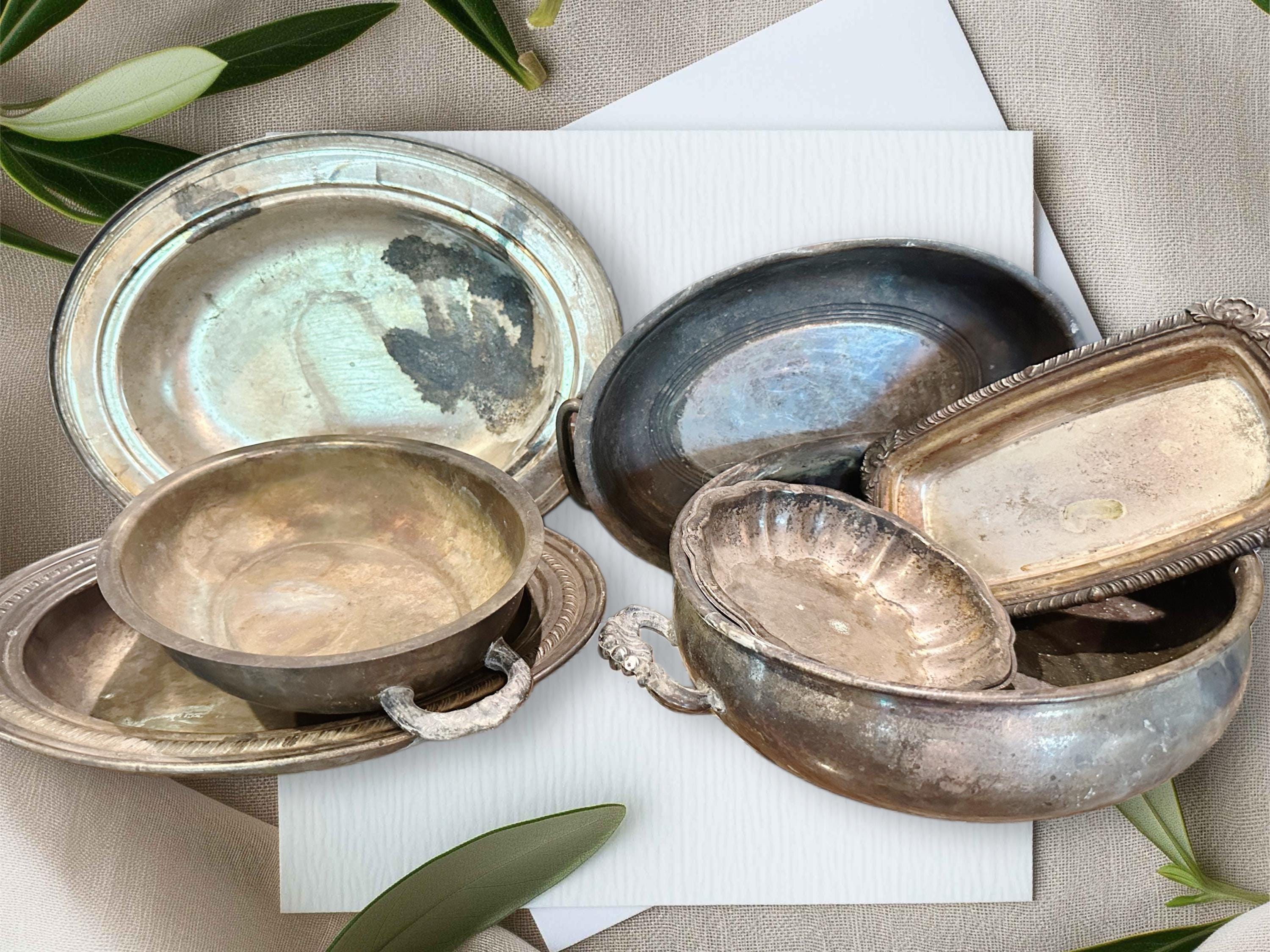 変色したシルバープレートのサービングディッシュ、7個セット、トレイ