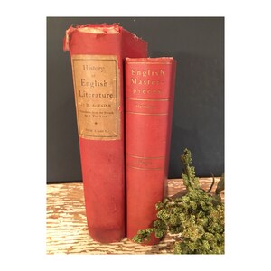 Antique red burgundy books,gold lettering,book decor,early 1900s,late 1800s,set of 2,English Literature,Masterpieces,shades of red,bundle
