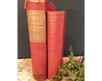 Antique red burgundy books,gold lettering,book decor,early 1900s,late 1800s,set of 2,English Literature,Masterpieces,shades of red,bundle