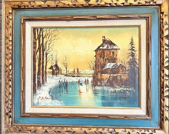Gold ornate wood framed oil painting on canvas,signed P. Klaus,countryside,landscape,19x23,lake scene,country scene,landscape,Winter scene