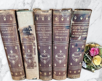 Libros antiguos de cuero marrón, dorado, Obras de Honore de Balzac, 1901, juego de 5, desgastados, desgastados, adornados, tableros de mármol, Edición universitaria