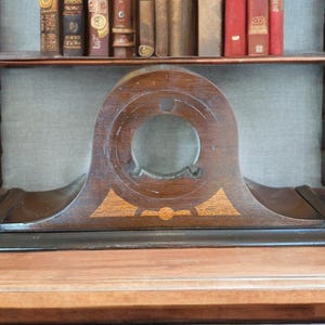 Brown wood empty salvage mantle clock body,round face,curved top,22&quot; wide,9&quot; high,upcycle,repurpose,craft supplies,DIY,restoration