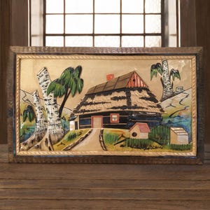Large Hand carved wood 3D relief picture,hut,thatched roof,tropical,landscape,12x19,countryside,mountainside,Chalet,ornate,wall plaque