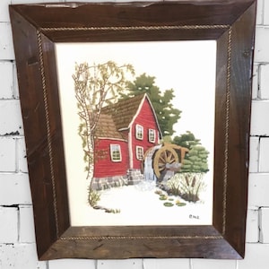 Rustic wood framed crewel embroidery,Red Barn Water Mill,floral,needlework,wall decor,wall decor,large,26x22,farmhouse,country,glass front