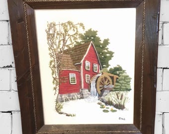 Rustic wood framed crewel embroidery,Red Barn Water Mill,floral,needlework,wall decor,wall decor,large,26x22,farmhouse,country,glass front